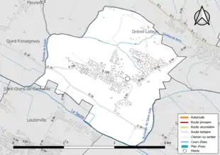 Carte en couleur présentant le réseau hydrographique de la commune