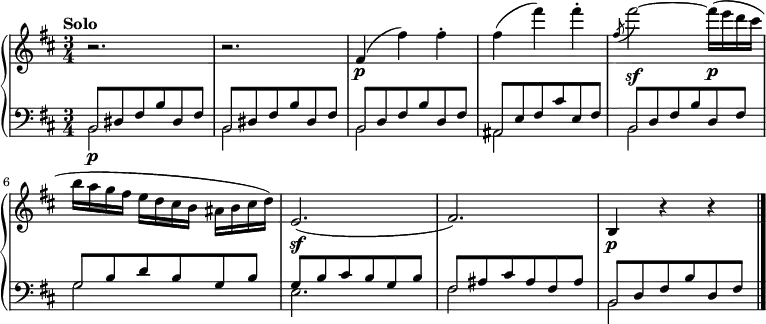 
  \new PianoStaff <<
    \new Staff = "up" \relative c' {
      
  \clef treble 
  \key b \minor
  \time 3/4
  \tempo "Solo"
  r2. r2.
   fis4 
  \p (fis') fis-. |
   fis (fis') fis-. | 
   \slashedGrace fis,8 (fis'2~ \sf)  fis16 \p (e d cis |
   b a g fis e d cis b ais b cis d) |
   e,2. \sf (|
   fis) |
   b,4 \p r4 r4 |
   
   \bar "|."
}
    \new Staff = "down" \relative c {
  \clef bass
  \time 3/4
  \key b \minor
  \mergeDifferentlyHeadedOn 
   <<{b8 \p dis8 fis b dis, fis } \\ {b,2 } >> |
   <<{b8 dis8 fis b dis, fis } \\ {b,2 } >> |
   <<{b8 d8 fis b d, fis } \\ {b,2 } >> |
   <<{ais8 e'8 fis cis' e, fis } \\ {ais,2 } >> |
   <<{b8 d8 fis b d, fis } \\ {b,2 } >> |
   
   <<{g'8 b d b g b } \\ {g2 } >> |
   <<{g8 b cis b g b } \\ {e,2. } >> |
   <<{fis8 ais cis ais fis ais } \\ {fis2 } >> |
   <<{b,8 d8 fis b d, fis } \\ {b,2 } >> |
   \bar "|."
}
  >>
