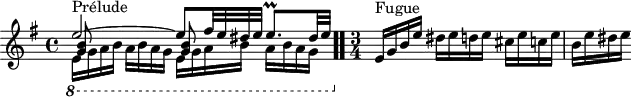 
\version "2.18.2"
\header {
  tagline = ##f
}

\score {
  \new Staff \with {
%fontSize = #-2
  }
<<
  \relative c'' {
    \key e \minor
    \time 4/4
	\set Staff.midiInstrument = #"harpsichord" 

     %% INCIPIT CBT I-10, BWV 855, mi mineur
     << { e2~^\markup{Prélude} e8 fis32 e dis e e8.\prall dis32 e | } \\ { \set Staff.ottavation = #"8" \once \override Staff.OttavaBracket.direction = #DOWN \repeat unfold 2 { e,16 g a b a b a g } \unset Staff.ottavation } \\ { \repeat unfold 2 { < b g >8 s8 s4 }} >> \bar ".."
     \time 3/4
      e,16^\markup{Fugue} g b e dis e d e cis e c e | b e dis e
  }
>>
  \layout {
     \context { \Score \remove "Metronome_mark_engraver" 
     \override SpacingSpanner.common-shortest-duration = #(ly:make-moment 1/2) 
}
  }
  \midi {}
}
