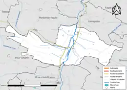 Carte en couleur présentant le réseau hydrographique de la commune