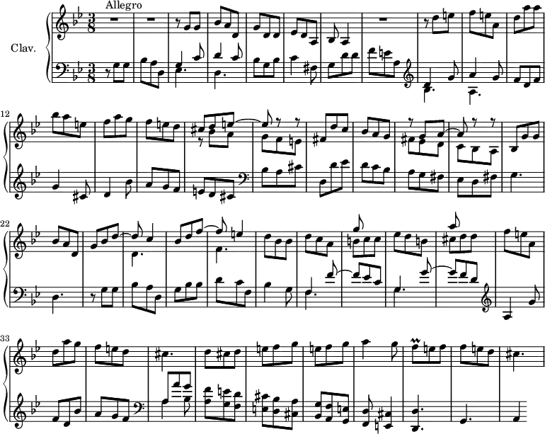 
\version "2.18.2"
\header {
  tagline = ##f
}

%% les petites notes
trillFq        = { \tag #'print { f8\prall } \tag #'midi { \times 2/3 { f16 g f~ } } }

upper = \relative c'' {
  \clef treble 
  \key g \minor
  \time 3/8
  \tempo 4. = 74
  \set Staff.midiInstrument = #"harpsichord"
  \override TupletBracket.bracket-visibility = ##f

     s8*0^\markup{Allegro}
     R4.*2 | r8 g8 g | bes a d, | g d d | ees d a | bes a4 | R4.
     % ms. 9
     r8 d'8 e | f e a, | d a' a | bes a e | f a g | f e d | << { cis8 d e~ | e r8 r8 } \\ { r8 bes a | g f e } >>
     % ms. 17
     fis8 d' c | bes a g | << { r8 g8 a~ a r8 r8 } \\ { fis ees d | c bes a } >> | bes8 g' g | bes a d, | << { g8 bes d~ | d c4 | bes8 d f~ | f e4 } \\ { s4. d,4. s4. f4. } >> |
     % ms. 27
      d'8 bes bes | d c a  | << { g'8 s4 s4. | a8 } \\ { b,8 c c | ees d b | cis d d } >> | f e a, |
     % ms. 33
     d8 a' g | f e d | cis4. | d8 cis d e f g e f g a4 g8 | \trillFq e8 f |
     % ms. 41
     f8 e d | cis4.

}

lower = \relative c' {
  \clef bass
  \key g \minor
  \time 3/8
  \set Staff.midiInstrument = #"harpsichord"

    % **************************************
     r8 g8 g | bes a d, << { g4 c8 | d4 c8 } \\ { ees,4. | d } >> bes'8 g bes | c4 fis,8 | g d' d | f e a, |   \clef treble 
     % ms. 9
     << { d4 g8 | a4 g8 } \\ { bes,4. | a } >> f'8 d f | g4 cis,8 | d4 bes'8 | a8 g f | e d cis |   \clef bass bes a cis |
     % ms. 17
     d,8 d' ees | d c bes | a g fis | ees d fis | g4. | d  | r8 g8 g | bes a d, |
     % ms. 25
     g bes bes | d c f, | bes4 g8 | << { f4 f'8~ f8 ees c | g4 g'8~ | g f d |   \clef treble  a4 g'8 } \\ { \mergeDifferentlyDottedOn f,4. s4. | g4. s4. } >>
     % ms. 33
     f'8 d bes' | a g f |   \clef bass  << { a,8 a' g } \\ { a,4 bes8 } >> | < a f' >8 < g e' > < f d' > | < e cis' > < d bes' > < cis a' > | < bes g' > < a f' > < g e' > | < f d' > < e cis' >4 < d d' >4. |
     % ms. 41
     g4. a4 

}

thePianoStaff = \new PianoStaff <<
    \set PianoStaff.instrumentName = #"Clav."
    \new Staff = "upper" \upper
    \new Staff = "lower" \lower
  >>

\score {
  \keepWithTag #'print \thePianoStaff
  \layout {
      #(layout-set-staff-size 17)
    \context {
      \Score
     \override SpacingSpanner.common-shortest-duration = #(ly:make-moment 1/2)
      \remove "Metronome_mark_engraver"
    }
  }
}

\score {
  \keepWithTag #'midi \thePianoStaff
  \midi { }
}

