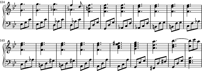 
\version "2.18.2"
\header {
  tagline = ##f
}

%% les petites notes
trillBesq = { \tag #'print { bes8\prall } \tag #'midi { c32 bes c bes } }

upper = \relative c'' {
  \clef treble 
  \key g \minor
  \time 3/8
  \tempo 4. = 66
  \set Staff.midiInstrument = #"harpsichord"
  \set Score.currentBarNumber = #134
  \omit Staff.TimeSignature
    \bar ""

     < g g' >4. q < aes g' > << { f'4 d8 } \\ { aes4. } >> < f b f' >4. < f c' f > q < f d' f > |
     % ms. 143
     q q q q q q q q < a c ees fis >4. < g c ees g > |
     % ms. 152
     < a d a' >4. < bes d bes' >~ < c bes' >8 c' a 

}

lower = \relative c {
  \clef bass
  \key g \minor
  \time 3/8
  \set Staff.midiInstrument = #"harpsichord"
  \omit Staff.TimeSignature

    % **************************************
     \repeat unfold 2 { ees8 g c } | \repeat unfold 2 { d,8 aes' c } | \repeat unfold 2 { g,8 d' g } | \repeat unfold 2 { aes,8 c f } | \repeat unfold 2 { b,8 f' g }
     % ms. 144
     \repeat unfold 2 { c, f aes } | \repeat unfold 2 { b,8 d gis } | \repeat unfold 2 { a, d a' } | a,8 c a' | g,8 ees' g | 
     % ms. 152
     fis,8 d' fis | g, d' g | < ees g c >4.

}

thePianoStaff = \new PianoStaff <<
    \set PianoStaff.instrumentName = #""
    \new Staff = "upper" \upper
    \new Staff = "lower" \lower
  >>

\score {
  \keepWithTag #'print \thePianoStaff
  \layout {
   indent = #0
      #(layout-set-staff-size 17)
    \context {
      \Score
     \override SpacingSpanner.common-shortest-duration = #(ly:make-moment 1/2)
      \remove "Metronome_mark_engraver"
    }
  }
}

\score {
  \keepWithTag #'midi \thePianoStaff
  \midi { }
}
