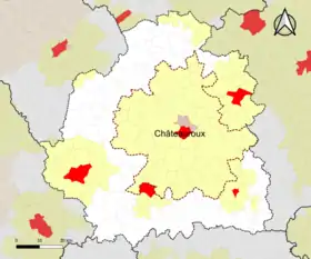Localisation de l'aire d'attraction de Châteauroux dans le département de l'Indre.