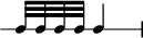 
\header {
  tagline = ##f
}

\score {
  \new RhythmicStaff {
    \time 3/8
    \numericTimeSignature
    \omit Staff.TimeSignature

   c32 c c c c4

  }
  \layout {
   % indent = #0
  }
  \midi {}
}
