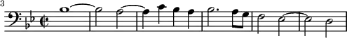 
\header {
  tagline = ##f
}

\score {
  \new Staff \with {

  }
<<
  \relative c' {
    \key bes \major
    \time 2/2
    \tempo 2 = 80
    \override TupletBracket #'bracket-visibility = ##f 
    %\autoBeamOff
    \set Score.currentBarNumber = #3
    \bar ""
    \set Staff.midiInstrument = #"French horn"

     %%% AB 5-1 intro
     \clef bass bes1~ bes2 a~ a4 c bes a bes2. a8 g f2 ees2~ ees d2 

  }
>>
  \layout {
    \context { \Score \remove "Metronome_mark_engraver"
    }
  }
  \midi {}
}

