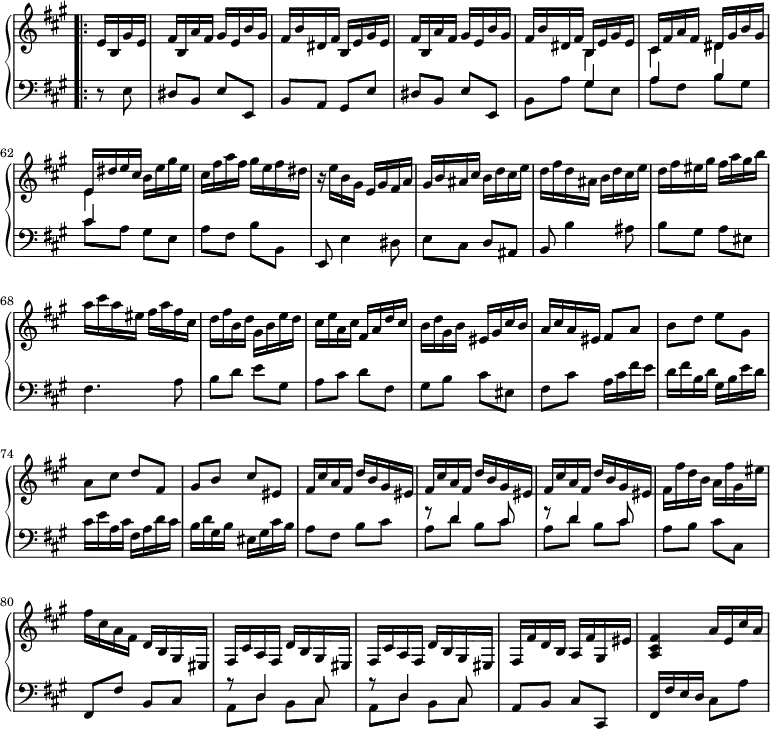 
\version "2.18.2"
\header {
  tagline = ##f
  % composer = "Paradisi"
  % opus = ""
  % meter = "Allegro"
}

%% les petites notes
%trillBesp     = { \tag #'print { bes4.\prall } \tag #'midi { c32 bes c bes~ bes4 } }

upper = \relative c'' {
  \clef treble 
  \key a \major
  \time 2/4
  \tempo 4 = 122
  \set Staff.midiInstrument = #"harpsichord"
  \override TupletBracket.bracket-visibility = ##f
  \set Score.currentBarNumber = #57
  \omit Staff.TimeSignature

\bar "" \bar ".|:"
      \partial 4      e,16 b gis' e | fis b, a' fis gis e b' gis | fis b dis, fis b, e gis e | fis b, a' fis gis e b' gis | fis b dis, fis << { b, e gis e } \\ { b4 } >>
      % ms. 62
      << { cis16 fis a fis dis gis b gis | e dis' e cis } \\ { cis,4 dis | e } >> b'16 e gis e | cis fis a fis gis e fis dis | r16 e16 b gis e gis fis a |
      % ms. 66
      gis16 b ais cis b d cis e | d fis d ais b d cis e | d fis eis gis fis a gis b | a cis a eis fis a fis cis |
      % ms. 70
      d fis b, d  gis, b e d | cis e a, cis fis, a d cis | b d gis, b eis, gis cis b | a cis a eis fis8 a |
      % ms. 74
      b8 d e gis, | a cis d fis, | gis b cis eis, | fis16 cis' a fis d' b gis eis |
      % ms. 78
      \repeat unfold 2 { fis16 cis' a fis d' b gis eis } | fis fis' d b a fis' gis, eis' | fis cis a fis d b gis eis |
      % ms. 82
      \repeat unfold 2 { fis16 cis' a fis d' b gis eis } | fis fis' d b a fis' gis, eis' | < a, cis fis >4 a'16 e cis' a |

}

lower = \relative c' {
  \clef bass
  \key a \major
  \time 2/4
  \omit Staff.TimeSignature
  \set Staff.midiInstrument = #"harpsichord"
  \override TupletBracket.bracket-visibility = ##f

    % **************************************
      r8 e,8 | dis b e e, | b' a gis e' | dis b e e, | b' a' << { gis4 } \\ { gis8 e } >>
      % ms. 62
      << { a4 b | cis } \\ { a8 fis b gis | cis a } >> gis8 e | a fis b b, | e,8 e'4 dis8 |
      % ms. 66
      e8 cis d ais | b b'4 ais8 | b gis a eis | fis4. a8 |
      % ms. 70
      b8 d e gis, | a cis d fis, | gis b cis eis, | fis cis' a16 cis fis e |
      % ms. 74
      d16 fis b, d gis, b e d | cis e a, cis fis, a d cis | b d gis, b eis, gis cis b | a8 fis b cis |
      % ms. 78
      \repeat unfold 2 { << { r8 d4 cis8 } \\ { a8 d b cis } >> } | a8 b cis cis, | fis, fis' b, cis |
      % ms. 82
      \repeat unfold 2 { << { r8 d4 cis8 } \\ { a8 d b cis } >> } | a8 b cis cis, | fis16 fis' e d cis8 a' |

}

thePianoStaff = \new PianoStaff <<
    \set PianoStaff.instrumentName = #""
    \new Staff = "upper" \upper
    \new Staff = "lower" \lower
  >>

\score {
  \keepWithTag #'print \thePianoStaff
  \layout {
    indent = #0
      #(layout-set-staff-size 17)
    \context {
      \Score
     \override SpacingSpanner.common-shortest-duration = #(ly:make-moment 1/2)
      \remove "Metronome_mark_engraver"
    }
  }
}

\score {
  \keepWithTag #'midi \thePianoStaff
  \midi { }
}
