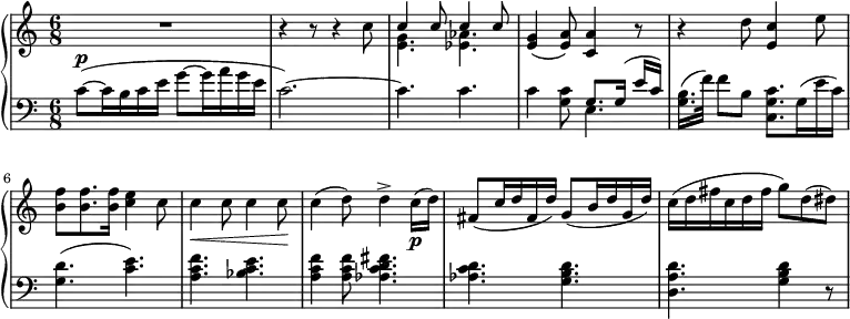 
 \relative c' {
 \new PianoStaff <<
  \new Staff { \key a \minor \time 6/8   \set Score.tempoHideNote = ##t
   \tempo "" 8 = 105

R1*6/8 r4 r8 r4 c'8
  <<
  {c4 c8 c4 c8}
  \\
  {<e, g>4. <ees aes>4.}
  >>
{<e g>4( <e a>8) <c a'>4 r8 r4 d'8 <c e,>4 e8 <b f'> <b f'>8. <b f'>16 <c e>4 c8 c4\< c8 c4 c8\! c4( d8) d4-> c16\p( d) fis,8( c'16 d fis, d') \stemUp g,8( b16 d g, d') \stemNeutral c16( d fis c d fis g8) d( dis)}
  }
  \new Staff { \key a \minor \time 6/8 \clef bass \relative c'
{c8~( ^\markup{ \dynamic p} c16 b c e g8 ~ g16 a g e c2.~) c4. c4. c4 <c g>8
  <<
   \voiceOne { g8.[ g16(] e'[ c)] }
  \\
   \voiceTwo{e,4.}
  >>
\oneVoice <b' g>16.[( f'32]) f8[ b,] <c, g' c>8.[ g'16( e' c)] <g d'>4.( <c e>4.) <a c f>4. <bes c e>4. <a c f>4 <a c f>8 <aes c d fis>4. <aes c d>4. <g b d>4. <d a' d>4. <g b d>4 r8 }

  }
 >>
 }
