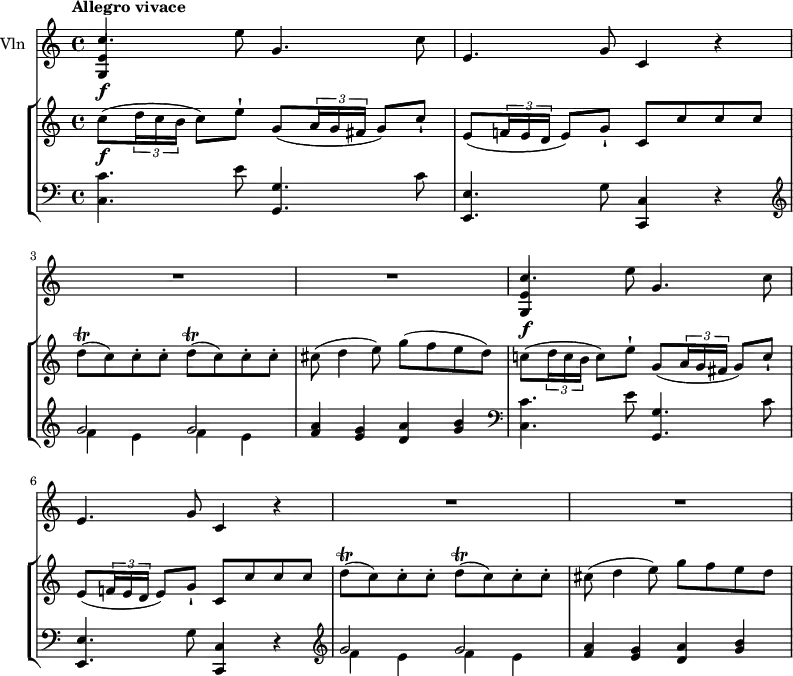 
\new GrandStaff <<
    \new StaffGroup <<
      \new Staff {
        \version "2.18.2"
        \tempo  "Allegro vivace"
        \clef treble
        \key c \major
        \time 4/4
        \tempo 4 = 130  
     \relative c'' {
                c8 \f (\tuplet 3/2 {d16 c b} c8) e-! g,8 (\tuplet 3/2 {a16 g fis} g8) c-!
                e,8 (\tuplet 3/2 {f!16 e d} e8) g-! c, c' c c
                d\trill (c) c-. c-. d\trill (c) c-. c-.
                cis (d4 e8) g (f e d)
                c!8 (\tuplet 3/2 {d16 c b} c8) e-! g,8 (\tuplet 3/2 {a16 g fis} g8) c-!
                e,8 (\tuplet 3/2 {f!16 e d} e8) g-! c, c' c c
                d\trill (c) c-. c-. d\trill (c) c-. c-.
                cis (d4 e8) g (f e d
            }
      }
      \new Staff {
                 \clef bass 
                 \key c \major
                 \time 4/4
                  
      \relative c'' {
           <c,, c'>4. e'8 <g,, g'>4. c'8
           <e,, e'>4. g'8 <c,, c'>4 r
           \clef treble
           <<{\stemDown f''4 e f e} \\ {\stemUp g2 g}>>
           <f a>4 <e g> <d a'> <g b> 
           \clef bass
           <c,, c'>4. e'8 <g,, g'>4. c'8
           <e,, e'>4. g'8 <c,, c'>4 r
           \clef treble
           <<{\stemDown f''4 e f e} \\ {\stemUp g2 g}>>
           <f a>4 <e g> <d a'> <g b> 
             }
      }
>>
    \new Staff { \set Staff.instrumentName = "Vln"
           \relative c'' {
              \key c \major
              \time 4/4
            <<{<g, e'>4\f s8} \\ {\stemUp c'4.}>> e8 g,4. c8
            e,4. g8 c,4 r R1 R1
            <<{<g e'>4\f s8} \\ {\stemUp c'4.}>> e8 g,4. c8
            e,4. g8 c,4 r R1 R1
                 }
                 }
  >>

