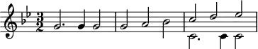 
\header {
  tagline = ##f
}

\score {
  \new Staff \with {

  }
<<
  \relative c'' {
    \key bes \major
    \time 3/2
    \override TupletBracket #'bracket-visibility = ##f 
    \autoBeamOff

     %%%%%%%%%%%%%%%%%%%%%%%%%% K20
     g2. g4 g2 g a bes 
     << { c d ees } \\ { c,2. c4 c2 } >>

  }
>>
  \layout {
    \context {
      \remove "Metronome_mark_engraver"
    }
  }
  \midi {}
}
