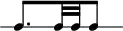 
\header {
  tagline = ##f
}

\score {
  \new RhythmicStaff {
    \time 12/8
    \numericTimeSignature
    \omit Staff.TimeSignature

   c8. c32 c c8  

  }
  \layout {
   % indent = #0
  }
  \midi {}
}

