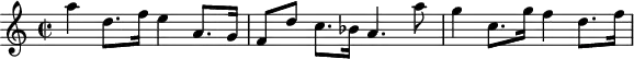 
\version "2.14.2"
\header {
  tagline = ##f
}

\score {
  \new Staff \with {
    % \remove "Time_signature_engraver"
  }
  \relative c'' {
    \key c \major
    \time 2/2
    \tempo 4 = 82
    \clef treble
    \set Score.currentBarNumber = #30
    \override Rest #'style = #'classical
  
  a'4 d,8. f16  e4 a,8. g16 |
  f8[ d'] c8.[ bes16] a4. a'8 | 
  g4 c,8. g'16 f4 d8.[ f16] |

  }
  \layout {
    \context {
      \Score
      \remove "Metronome_mark_engraver"
    }
  }
  \midi {}
}
