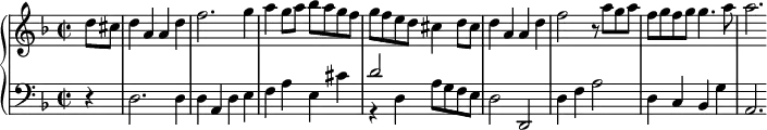 \version "2.18.2"
\header {
tagline = ##f
}
Trillgqp = { \tag #'print { g4. } \tag #'midi { a16 g a g~ g8 } }
upper = \relative c'' {
\clef treble
\key d \minor
\time 2/2
\tempo 2 = 88
\set Staff.midiInstrument = #"harpsichord"
d8 cis | d4 a a d f2. g4 a g8 a bes a g f | g f e d cis4 d8 cis | d4 a a d f2 r8 a8 g a f g f g \Trillgqp a8 a2.
}
lower = \relative c {
\clef bass
\key d \minor
\time 2/2
\set Staff.midiInstrument = #"harpsichord"
\partial 4
r4 d2. d4 d a d e f a e cis'
<< { d2 } \\ { r4 d,4 } >>
a'8 g f e d2 d, d'4 f a2 d,4 c bes g' a,2.
}
thePianoStaff = \new PianoStaff <<
\set PianoStaff.instrumentName = #""
\new Staff = "upper" \upper
\new Staff = "lower" \lower
>>
\score {
\keepWithTag #'print \thePianoStaff
\layout {
\context {
\Score
\remove "Metronome_mark_engraver"
}
}
}
\score {
\keepWithTag #'midi \thePianoStaff
\midi { }
}