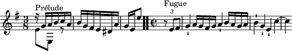 
\version "2.18.2"
\header {
  tagline = ##f
}

\score {
  \new Staff \with {

  }
<<
  \relative c'' {
    \key e \minor
    \time 3/8
	\set Staff.midiInstrument = #"harpsichord" 
    \override TupletBracket.bracket-visibility = ##f

     %% INCIPIT CBT II-10, BWV 879, mi mineur
     << { r16^\markup{Prélude} g a b c a b g fis e dis a' | \once \override Staff.TimeSignature #'stencil = ##f \time 2/8 g16[ e e'8] } \\ { e,8 e, r8 } >> \bar ".." 
     \time 2/2 \partial 4
     s4*0^\markup{Fugue} \tuplet 3/2 { r8 e' fis } g4-! a16 g fis g a4-! b16 a g a b4-! g-! e-! c'4~ c
  }
>>
  \layout {
     \context { \Score \remove "Metronome_mark_engraver" \override SpacingSpanner.common-shortest-duration =
        #(ly:make-moment 1/2) }
  }
  \midi {}
}
