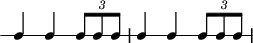 
\header {
  tagline = ##f
}

\score {
  \new RhythmicStaff {
    \time 3/4
    \numericTimeSignature
    \omit Staff.TimeSignature

   c4 c \times 2/3 { c8 c c } c4 c \times 2/3 { c8 c c }

  }
  \layout {
   % indent = #0
  }
  \midi {}
}
