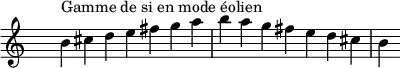\relative c'' {
\clef treble \time 7/4 \hide Staff.TimeSignature b4^\markup { Gamme de si en mode éolien } cis d e fis g a b a g fis e d cis b
}