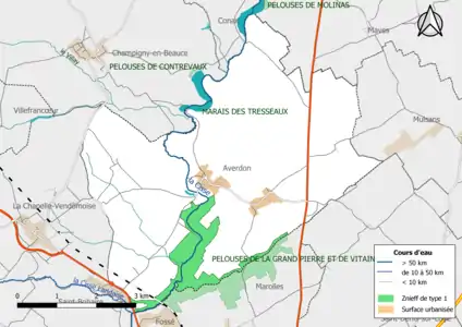 Carte des ZNIEFF de type 1 localisées sur la commune.