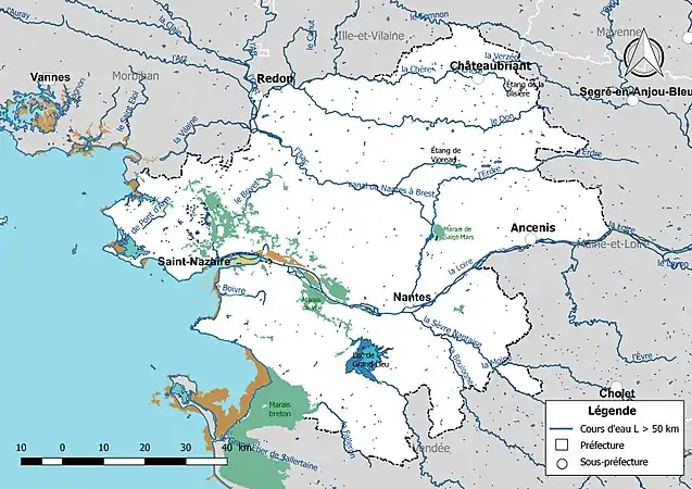 Carte des cours d'eau de longueur supérieure à 50&nbsp;km de la Loire-Atlantique.