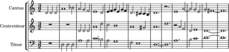 
\version "2.18.2"
\header {
  tagline = ##f
}
global= {
  \time 3/2
  \key c \major
}

Cantus = \new Voice \relative c' {
  \set Staff.instrumentName = #"Cantus"
  \set Staff.midiInstrument = #"piccolo" %orchestral harp"
  \tempo 2 = 120
 
    d2 d d a'1 bes2 a g f e1 d2 e4 f g e g f d2. cis4 cis b d1. r1. |
    e1 a2~ a  g e g fis1~ fis1.
  
    %\addlyrics { Ver- ge- ne bel- la che_ di sol ve- sti----- ta co--- ro- na- ta--   } % impossible de mettre le texte pour l'instant...
   
}

Contretenor = \new Voice \relative c' {
  \set Staff.instrumentName = #"Contreténor"
  \clef treble
  \set Staff.midiInstrument = #"orchestral harp" %recorder"
 
  R1.*2 d2 d d a'1 d2 c b1 a gis2 a1. d | 
  r2 a2 f d e1 d1.~ d

}

Tenor = \new Voice \relative c {
  \set Staff.instrumentName = #"Ténor"
  \clef bass
  \set Staff.midiInstrument = #"dulcimer"

  R1. d2 d d a'1 a2 c1 bes2 a g1 f2 e1 d1.~ d |
  a'1. b2 c1 d1.~ d

}

\score {
  \new StaffGroup <<
    \new Staff << \global \Cantus >>
    \new Staff << \global \Contretenor >>
    \new Staff << \global \Tenor >>
  >>
  \layout {
    \context {
      \Score
      \remove "Metronome_mark_engraver"
      \override SpacingSpanner.common-shortest-duration = #(ly:make-moment 1/2)
    }
  }
  \midi { }
}
