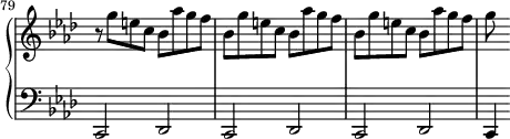 
\version "2.18.2"
\header {
  tagline = ##f
}

upper = \relative c'' {
  \clef treble 
  \key f \minor
  \time 2/2
  \tempo 2 = 110
  \set Staff.midiInstrument = #"harpsichord"
  \set Score.currentBarNumber = #79
  \omit Staff.TimeSignature
    \bar ""

     r8 g'8 e c bes aes' g f | \repeat unfold 2 { bes, g'8 e c bes aes' g f } | g8

}

lower = \relative c {
  \clef bass
  \key f \minor
  \time 2/2
  \set Staff.midiInstrument = #"harpsichord"
  \omit Staff.TimeSignature

    % **************************************
     \repeat unfold 3 { c,2 des } | c4

}

thePianoStaff = \new PianoStaff <<
    \set PianoStaff.instrumentName = #""
    \new Staff = "upper" \upper
    \new Staff = "lower" \lower
  >>

\score {
  \keepWithTag #'print \thePianoStaff
  \layout {
    indent = #0
      #(layout-set-staff-size 17)
    \context {
      \Score
     \override SpacingSpanner.common-shortest-duration = #(ly:make-moment 1/2)
      \remove "Metronome_mark_engraver"
    }
  }
}

\score {
  \keepWithTag #'midi \thePianoStaff
  \midi { }
}
