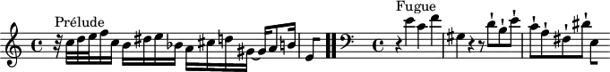 
\version "2.18.2"
\header {
  tagline = ##f
}

\score {
  \new Staff \with {
%fontSize = #-2
  }
<<
  \relative c'' {
    \key a \minor
    \time 4/4
	\set Staff.midiInstrument = #"harpsichord" 

     %% INCIPIT CBT II-20, BWV 889, la mineur
      r32^\markup{Prélude} c32 d e f16 c b16 dis e bes a cis d gis,~ gis a8 b16 | \once \override Staff.TimeSignature #'stencil = ##f \time 2/8
{ 
 % suppression des warnings :
 #(ly:set-option 'warning-as-error #f)
 #(ly:expect-warning (_ "stem does not fit in beam")) %% <= à traduire éventuellement
 #(ly:expect-warning (_ "beam was started here")) %% <= à traduire éventuellement
  \set stemRightBeamCount = #1
  e,4*1/2[ s]
} \bar ".."

     \skip 8*1
     %\once \override Staff.Clef.full-size-change = ##t
     \relative c' 
     \override Staff.Clef.extra-offset = #'( -1 . 0 )
    \time 4/4 \clef bass
     \partial 1
     r4^\markup{Fugue} e4 c f gis, r4 r8 d'8-! b-! e-! c-! a-! fis-! dis'-! 
{ 
 % suppression des warnings :
 #(ly:set-option 'warning-as-error #f)
 #(ly:expect-warning (_ "stem does not fit in beam")) %% <= à traduire éventuellement
 #(ly:expect-warning (_ "beam was started here")) %% <= à traduire éventuellement
  \set stemRightBeamCount = #1
  e,4*1/2[ s]
}

  }
>>
  \layout {
     \context { \Score \remove "Metronome_mark_engraver" 
     \override SpacingSpanner.common-shortest-duration = #(ly:make-moment 1/2) 
       }
  }
  \midi {}
}
