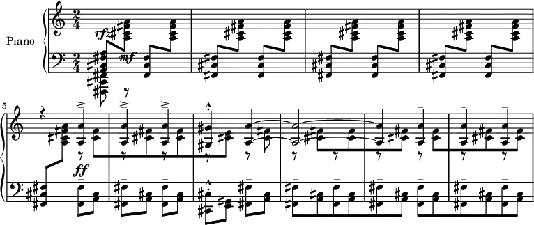 
\version "2.18.2"
\header {
  tagline = ##f
}
upper = \relative c' {
  \clef treble 
  \key c \major
  \time 2/4
  \tempo 4 = 96
  \tempo "Allegro"

  \change Staff = "lower" \stemUp < a, cis fis a >8^\rfz \change Staff = "upper" \stemDown < a' cis fis a >8\mf
  \change Staff = "lower" \stemUp < fis, cis' fis >8 \change Staff = "upper" \stemDown < a' cis fis a >8
  \repeat unfold 3 { \repeat unfold 2 { \change Staff = "lower" \stemUp < fis, cis' fis >8 \change Staff = "upper" \stemDown < a' cis fis a >8 }}
  
  << { r4 \repeat unfold 3 { < a a' >4---> } < gis gis' >4-^-. < a a' >4~ < a a' >2~ < a a' >4 \repeat unfold 3 { < a a' >4-- } } \\ { \change Staff = "lower" \stemUp < fis, cis' fis >8 \change Staff = "upper" \stemDown < a' cis fis a >8 r8 < cis fis >[ r8 < cis fis > r8 < cis fis > r8 < cis e >] r8 < cis fis >8   \repeat unfold 2 {  r8 < cis fis >8[ r8 < cis fis >8 r8 < cis fis >8] } } >>


}

lower = \relative c {
  \clef bass
  \key c \major
  \time 2/4
    
   \stemDown < fis,, cis' fis >8 fis8\rest s4*8 < fis' fis' >8--^\ff < a cis >8 \repeat unfold 2 { < fis fis' >8-- < a cis > }
   < cis, cis' >8-^-. < e gis > < fis fis' >-- < a cis > 
   \repeat unfold 2 { < fis fis' >8--[ < a cis > < fis fis' >8-- < a cis > < fis fis' >8-- < a cis >] }
   
}

\score {
  \new PianoStaff <<
    \set PianoStaff.instrumentName = #"Piano"
    \new Staff = "upper" \upper
    \new Staff = "lower" \lower
  >>
  \layout {
    \context {
      \Score
      \remove "Metronome_mark_engraver"
    }
  }
  \midi { }
}
