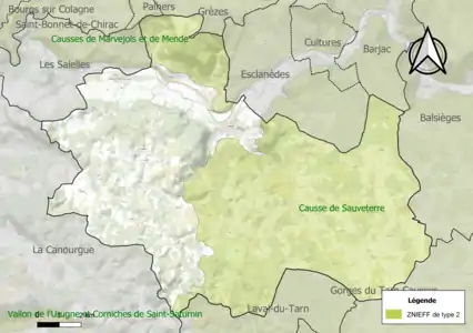 Carte des ZNIEFF de type 2 sur la commune.