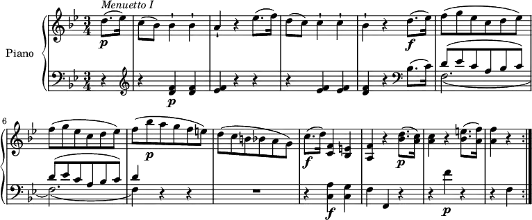 
\version "2.18.2"
\header {
  tagline = ##f
}
upper = \relative c' {
  \clef treble
  \key bes \major
  \time 3/4
  \tempo "Menuetto"
  \tempo 4 = 130
  %\autoBeamOff

  \partial 4 d'8. \p ^\markup{ \italic {Menuetto I } } (ees16)
  c8 (bes) bes4-! bes-! a-! r ees'8. (f16)
  d8 (c) c4-! c-! 
  bes-! r d8.  \f (ees16)
  f8 (g ees c d ees)
  f (g ees c d ees)
  f (bes \p a g f e)
  d (c b bes a g)
  c8. \f ([d16]) <c, f>4 <bes e>
  <a f'> r <bes' d>8.\p (<a c>16)
  <a c>4 r <bes e>8. (<a f'>16) 
  <a f'>4 r  \bar ":|."

}

lower = \relative c' {
  \clef bass
  \key bes \major
  \time 3/4
  \partial 4 r4
  \clef treble r4 <d f>4  \p <d f> 
  <ees f> r r
  r <ees f>  <ees f> <d f> r
  \clef bass bes8. (c16)  << { \stemDown f,2._ (f2.) _( f4)} \\ {\stemUp d'8 ^ (ees c a bes c) d8 ^ (ees c a bes c) d4 } >> r4 r R2.
  r4 <c, a'>  \f <c g'> f f, r r f'' \p r r f, \bar ":|."
  
}

\score {
  \new PianoStaff <<
    \set PianoStaff.instrumentName = #"Piano"
    \new Staff = "upper" \upper
    \new Staff = "lower" \lower
  >>
  \layout {
    \context {
      \Score
      \remove "Metronome_mark_engraver"
    }
  }
  \midi { }
}
