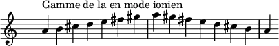 \relative c'' {
\clef treble \time 7/4 \hide Staff.TimeSignature a4^\markup { Gamme de la en mode ionien } b cis d e fis gis a gis fis e d cis b a
}