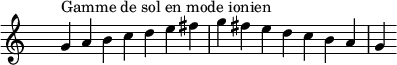 \relative c'' {
\clef treble \time 7/4 \hide Staff.TimeSignature g4^\markup { Gamme de sol en mode ionien } a b c d e fis g fis e d c b a g
}