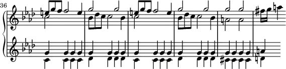 
\version "2.18.2"
\header {
  tagline = ##f
  % composer = "Domenico Scarlatti"
  % opus = "K. 144"
  % meter = "Cantabile"
}

upper = \relative c'' {
  \clef treble 
  \key f \minor
  \time 2/2
  \tempo 4 = 90
  \set Staff.midiInstrument = #"harpsichord"
  \override TupletBracket.bracket-visibility = ##f
\omit Staff.TimeSignature
    \bar ""

      << { \repeat unfold 2 { \omit TupletNumber \times 2/3 { e8 g f } f2 e4 | g2 g } | g g } \\ { \repeat unfold 2 { c,2 s2 | \omit TupletNumber \times 2/3 { bes8 des c } c2 bes4 } | a2 a  } >> fis'16 g a4


}

lower = \relative c' {
  \clef treble 
  \key f \minor
  \time 2/2
  \set Staff.midiInstrument = #"harpsichord"
  \override TupletBracket.bracket-visibility = ##f
  \set Score.currentBarNumber = #36
\omit Staff.TimeSignature

    % ************************************** \appoggiatura a16  \repeat unfold 2 {  } \times 2/3 { }   \omit TupletNumber 
      << { \repeat unfold 20 { g' } a } \\ { \repeat unfold 2 { c,4 c c c | des des des des } | cis4 cis cis cis | d } >>


}

thePianoStaff = \new PianoStaff <<
    \set PianoStaff.instrumentName = #""
    \new Staff = "upper" \upper
    \new Staff = "lower" \lower
  >>

\score {
  \keepWithTag #'print \thePianoStaff
  \layout {
    indent = #0
      #(layout-set-staff-size 17)
    \context {
      \Score
     \override SpacingSpanner.common-shortest-duration = #(ly:make-moment 1/2)
      \remove "Metronome_mark_engraver"
    }
  }
}

\score {
  \keepWithTag #'midi \thePianoStaff
  \midi { }
}
