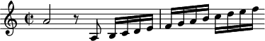 
\header {
  tagline = ##f
}

\score {
  \new Staff \with {

  }
<<
  \relative c'' {
    \key c \major
    \time 2/2
    \override TupletBracket #'bracket-visibility = ##f 

     %%% f° 78r
     a2 r8 a,8 b16[ c d e] f[ g a b] c d e f

  }
>>
  \layout {
     \context { \Score \remove "Metronome_mark_engraver" }
  }
  \midi {}
}

