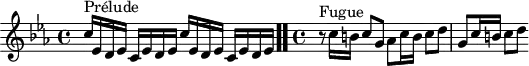 
\version "2.18.2"
\header {
  tagline = ##f
}

\score {
  \new Staff \with {
%fontSize = #-2
  }
<<
  \relative c'' {
    \key c \minor
    \time 4/4
	\set Staff.midiInstrument = #"harpsichord" 

     %% INCIPIT CBT I-2, BWV 847, ut mineur
     s4*0^\markup{Prélude} \repeat unfold 2 { c16 ees, d ees c ees d ees }  \bar ".."
     \time 4/4 
     r8^\markup{Fugue} c'16 b c8 g aes c16 b c8 d g, c16 b c8 d
  }
>>
  \layout {
    #(layout-set-staff-size 17)
     \context { \Score \remove "Metronome_mark_engraver" 
     \override SpacingSpanner.common-shortest-duration = #(ly:make-moment 1/2) 
}
  }
  \midi {}
}
