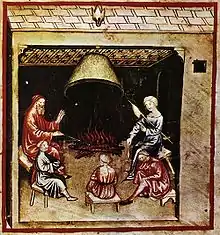 « Aspects de la vie quotidienne », illustration dans le Tacuinum sanitatis, XIVe siècle.