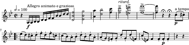 
\relative c'' {
  \version "2.18.2"
  \key bes \major
  \time 2/2
  \tempo 2 = 100
  \tempo "Allegro animato e grazioso"
  r4 a,16 \f ^\markup {Allegro animato e grazioso} a bes bes d d f f bes bes d d
  
  <d, bes' f'>2 < ees bes' g'>
  <a a'>4 <d bes'>2 <f c'>4 
  <f d'>2^> ^ \markup {\italic ritard.} <e e'>^> <f f'>1^>  ~ <f f'>4 r  \fermata r\fermata c8-. \p ^\markup {a tempo} (cis8-.)
 \bar ".|:" ees (d) cis-.d-. f-. d-. f-. c-.
  c (bes) a-. bes-. d-. bes-. d-. a-.
  a (g) fis-. g-. d'-. g,-.
  d' (f,) c' (e,) f4 f8-. f-.\p f4-. r r
}
