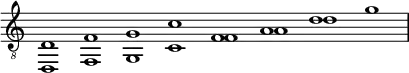 \new Staff \with {\remove "Time_signature_engraver"}{\time 8/1 \clef "G_8" { << {d1 f g c' f a d'} \\ {d,1 f, g, c f a d' g'} >>}}
