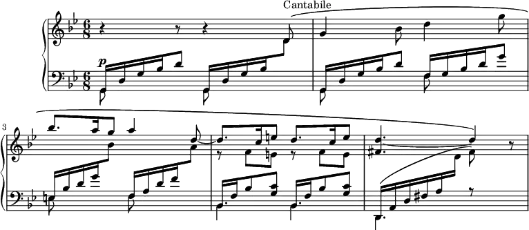 
\version "2.18.2"
\header {
  tagline = ##f
}
upper = \relative c' {
  \clef treble 
  \key g \minor
  \time 6/8
  \tempo 4. = 52
  \tempo "Andantino quasi allegretto"
  \set Staff.midiInstrument = #"flute"

   % Fauré, op. 78
   r4 r8 r4 d8^\markup{Cantabile}\( | g4 bes8 d4 g8 \stemUp bes8. a16 g8 a4 d,8~ d8.c16 e8 d8.c16 e8 < d fis, >4.~ d4\) r8  

}

lower = \relative c {
  \clef bass
  \key g \minor
  \time 6/8
  \set Staff.midiInstrument = #"orchestral harp" % A FAIRE : la voix upper doit sonner en harpe

   << 
   % Arpèges
   { g16 d' g bes d8 g,,16 d' g bes \stemDown \change Staff = "upper" d8  \stemUp \change Staff = "lower" g,,16 d' g bes d8  f,16 g bes d g8   e,16 bes' d g  \stemDown \change Staff = "upper" bes8 \stemUp \change Staff = "lower" f,16 a d f \stemDown \change Staff = "upper" a8 \stemUp \change Staff = "lower" \repeat unfold 2 { bes,,16  f' bes8 < g c >8 } d,16\( a' d fis a \stemDown \change Staff = "upper" d16 fis8\) } 

  % juste les notes accompagnement sur upper
 \\ { \stemDown \change Staff = "upper" s4.*4 s4 s8 s4 s8 r8 f8 e r8 f8 e } 

  % Basse
 \\ { \stemDown g,,8^\p s4 g8 s4 | g8 s4 f'8 s4 e8 s4 f8 s4 \mergeDifferentlyDottedOn bes,4. bes d, r8 s4 } >>
   
} 

\score {
  \new PianoStaff <<
    \set PianoStaff.instrumentName = #""
    \new Staff = "upper" \upper
    \new Staff = "lower" \lower
  >>
  \layout {
    \context {
      \Score
      \remove "Metronome_mark_engraver"
     % \override SpacingSpanner.common-shortest-duration = #(ly:make-moment 1/3)
    }
  }
  \midi {
    \context {
      \Staff
      \remove "Staff_performer"
    }
  \context {
      \Voice
      \consists "Staff_performer"
    } }
}
