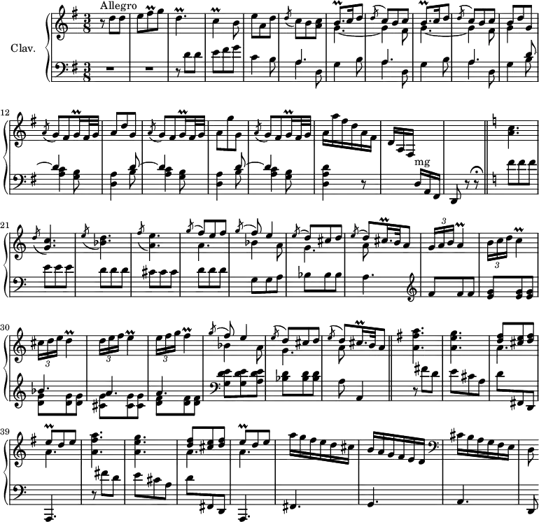 
\version "2.18.2"
\header {
  tagline = ##f
}

% petites notes
prallFisq = { \tag #'print { fis8\prall } \tag #'midi { g32 fis g fis } }
prallDp = { \tag #'print { d4.\prall } \tag #'midi { e32 d e d~ d8~ d8 } }
prallC = { \tag #'print { c4\prall } \tag #'midi { d32 c d c~ c8 } }

prallA = { \tag #'print { a4\prall } \tag #'midi { a32 b a b a8 } }
prallD = { \tag #'print { d4\prall } \tag #'midi { d32 e d e d8 } }
prallE = { \tag #'print { e4\prall } \tag #'midi { e32 f e f e8 } }
prallF = { \tag #'print { f4\prall } \tag #'midi { f32 g f g f8 } }

prallBqp = { \tag #'print { b8.\prall } \tag #'midi { c32 b c b~ b16 } }
prallEq = { \tag #'print { e8\prall } \tag #'midi { fis32 e fis~ fis } }

prallCqqp = { \tag #'print { c16\prall } \tag #'midi { \times 2/3 { c32 d c } } } % obligation d'enlever le point
prallGqqp = { \tag #'print { g16\prall } \tag #'midi { \times 2/3 { g32 a g } } } % obligation d'enlever le point
prallGisqqp = { \tag #'print { gis16.\prall } \tag #'midi { \times 2/3 { a32 gis a } gis~ gis16 } }
prallCisqqp = { \tag #'print { cis16.\prall } \tag #'midi { \times 2/3 { c32 d c~ } c~ } }

upper = \relative c'' {
  \clef treble 
  \key g \major
  \time 3/8
  \tempo 4. = 72
  \set Staff.midiInstrument = #"harpsichord"
  \override TupletBracket.bracket-visibility = ##f

      s8*0^\markup{Allegro}
      r8 d8 d | e \prallFisq g8 | \prallDp | \prallC b8 | e8 a, d | \acciaccatura d8 c8 b < a c > | \repeat unfold 2 { << { \prallBqp c16 d8 | \acciaccatura d8 c8 b c } \\ { g4.~ | g4 fis8 } >> }
      % ms. 11
      << { b8 d g, } \\ { g4 } >> \acciaccatura a8 g8 fis \prallGqqp fis32 g | a8 d g, | \acciaccatura a8 g8 fis \prallGqqp fis32 g |
      % ms. 15
      a8 g' g, | \acciaccatura a8 g8 fis \prallGqqp fis32 g | a16 a' fis d a fis d a fis s8. | s4. \bar "||"   \key c \major < a' c >4. \acciaccatura d8 < g, c >4. 
      % ms. 22
      \acciaccatura e'8 < bes d >4. \acciaccatura f'8 < a, e' >4. << { \acciaccatura g'8 \stemUp f8 e f | \acciaccatura g8 f8 e4 \acciaccatura e8 d8 cis d | \acciaccatura e8 d8 \prallCisqqp b32 \tempo 4. = 40 a8 } \\ { a4. | bes4 a8 | g4. | a8 } >> \tempo 4. = 70 \times 2/3 { g16 a b } \prallA
      % ms. 29
      \times 2/3 { b16 c d } \prallC | \times 2/3 { cis16 d e } \prallD | \times 2/3 { d16 e f } \prallE | \times 2/3 { e16 f g } \prallF  << { \acciaccatura g8 \stemUp f8 e4 | \acciaccatura e8 d8 cis d | \acciaccatura e8 d8 \prallCisqqp b32 a8 } \\ { bes4 a8 | g4. | a8 } >> \bar "||"   \key g \major
      % ms. 36
      \repeat unfold 2 { < a fis' a >4. | < a e' g > | << { < d fis >8 < cis e > < d fis > | \prallEq d e  } \\ { a,4. | a4.  } >> }
      % ms. 44
      a'16 g fis e d cis | b a g fis e d   \clef bass cis b a g fis e | d8

}

lower = \relative c' {
  \clef bass
  \key g \major
  \time 3/8
  \set Staff.midiInstrument = #"harpsichord"

    % **************************************
       R4.*2 | r8 d8 d | e fis g | c,4 b8 | \repeat unfold 2 { << { \mergeDifferentlyDottedOn a4. s4. } \\ { a4 d,8 | g4 b8 } >> } | << { \mergeDifferentlyDottedOn a4. s4 } \\ { a4 d,8 | g4 } >> \repeat unfold 2 { << { d'8~ d4 s4. } \\ { b8 | < a c >4 < g b >8 < d a' >4 } >> }  << { d'8~ d4 s4. } \\ { b8 | < a c >4 < g b >8 < d a' d >4 } >> r8 s8. d16^\markup{mg} a fis d8  \tempo 4. = 50 r8 r8\fermata |  \tempo 4. = 72 \key c \major \repeat unfold 3 { f''8 } \repeat unfold 3 { e } \repeat unfold 3 { d } \repeat unfold 3 { cis } \repeat unfold 3 { d } g, g a \repeat unfold 3 { bes } a4.   \clef treble \repeat unfold 3 { f'8 } < e g > q q << { bes'4. | a a } \\ { < d, g >8 q q | < cis g' > q q | < d f > q q } >>   \clef bass < g, d' e >8 q < a d e > < bes d > q q | a8  \tempo 4. = 40 a,4 |  \tempo 4. = 72
       % ms. 36
       \repeat unfold 2 { \stemDown r8 fis''8 d | e cis a | d \stemUp fis,, d a4. } fis'4. g a | d,8

}

thePianoStaff = \new PianoStaff <<
    \set PianoStaff.instrumentName = #"Clav."
    \new Staff = "upper" \upper
    \new Staff = "lower" \lower
  >>

\score {
  \keepWithTag #'print \thePianoStaff
  \layout {
      #(layout-set-staff-size 17)
    \context {
      \Score
     \override SpacingSpanner.common-shortest-duration = #(ly:make-moment 1/2)
      \remove "Metronome_mark_engraver"
    }
  }
}

\score {
  \keepWithTag #'midi \thePianoStaff
  \midi { }
}
