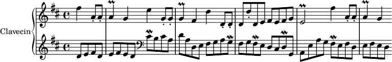 
\version "2.18.2"
\header {
  tagline = ##f
}

%% les petites notes
Prallaq  = { \tag #'print { a4\prall } \tag #'midi { \times 2/3 { b32 a b } a8. }  }
Prallgq  = { \tag #'print { g4\prall } \tag #'midi { \times 2/3 { a32 g a } g8. }  }
Pralled  = { \tag #'print { e2\prall } \tag #'midi { \times 2/3 { fis32 e fis } e16~ e8~ e4 }  }

Mordcisq  = { \tag #'print { cis8\mordent } \tag #'midi { cis32 d cis16~ }  }
Mordfisq  = { \tag #'print { fis8\mordent } \tag #'midi { fis32 g fis16 }  }
Morddq    = { \tag #'print { d8\mordent } \tag #'midi { d32 cis d16 }  }

Mordgq    = { \tag #'print { g8\mordent } \tag #'midi { g32 a g16 }  }

upper = \relative c'' {
  \clef treble 
  \key d \major
  \time 4/4
  \tempo 4 = 102
  \set Staff.midiInstrument = #"harpsichord"
  \override TupletBracket #'bracket-visibility = ##f

  \partial 2
  fis4 a,8-. a-. \Prallaq g4 e' g,8-. g-. \Prallgq fis4 d' d,8-. d-. d d'-. d, e fis e fis g \Pralled fis'4 a,8-. a-. \Prallaq g4

}

lower = \relative c' {
  \clef bass
  \key d \major
  \time 4/4
  \set Staff.midiInstrument = #"harpsichord"
    % **************************************

   \clef treble
   d8 e fis d e fis e d 
   \clef bass
   \Mordcisq b8 cis a d a d, e fis g a \Mordgq | fis8 g \Mordfisq e8 d cis \Morddq g,8 a e' a g \Mordfisq e8 fis d | e8 fis e d

}

thePianoStaff = \new PianoStaff <<
    \set PianoStaff.instrumentName = #"Clavecin"
    \new Staff = "upper" \upper
    \new Staff = "lower" \lower
  >>

\score {
  \keepWithTag #'print \thePianoStaff
  \layout {
    \context {
      \Score
      \remove "Metronome_mark_engraver"
    }
  }
}

\score {
  \keepWithTag #'midi \thePianoStaff
  \midi { }
}
