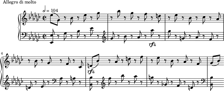 
\version "2.18.2"
\header {
  tagline = ##f
}
upper = \relative c'' {
  \clef treble 
  \key ees \minor
  \time 2/2
  \tempo 2 = 104
  %\autoBeamOff

   %%Montgeroult — Étude 65 (pdf p. 211)
   ees8( ges,) r8 bes r8 ees r8 ges | r8 bes r8 ges r8 f r8 d |
   r8 ees8 r8 bes r8 ces r8 aes |
   r8 bes8 r8 ges r8 f r8 ces |
   d\rfz( bes') r8 aes r8 d r8 f |
   r8 ees8 r8 bes r8 aes r8 f | ges[( bes)]

}

lower = \relative c {
  \clef bass
  \key ees \minor
  \time 2/2

   < ees ees, >8 r8 ges8 r8 bes r8 ees  r8
   \clef treble ges r8 bes r8 aes r8 aes'\rfz r8 | ges r8 g, r8 aes r8 f r8 |
   d8 r8 ees r8 \clef bass aes, r8 a r8 | < bes bes, >8 r8 \clef treble f'' r8 bes r8 aes r8 |
   g r8 ges,! r8 f r8 d r8 \clef bass < bes bes, >8

}

  \header {
    piece = "Allegro di molto"
  }

\score {
  \new PianoStaff <<
    \new Staff = "upper" \upper
    \new Staff = "lower" \lower
  >>
  \layout {
    \context {
      \Score
      
    }
  }
  \midi { }
}
