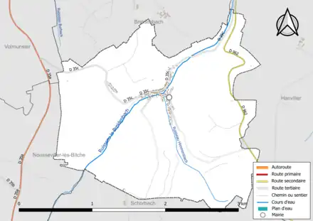 Carte en couleur présentant le réseau hydrographique de la commune