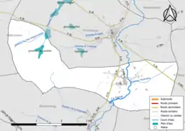 Carte en couleur présentant le réseau hydrographique de la commune