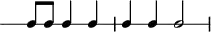 
\header {
  tagline = ##f
}

\score {
  \new RhythmicStaff {
    \time 2/2
    \numericTimeSignature
    \omit Staff.TimeSignature

   s4 c8 c c4 c c c c2 

  }
  \layout {
   % indent = #0
  }
  \midi {}
}
