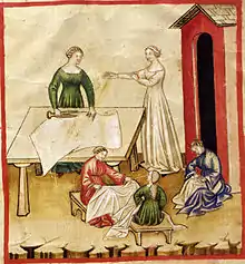 Aspects de la vie quotidienne : vêtements en lin, extrait du Tacuinum Sanitatis, XIVe&nbsp;siècle.