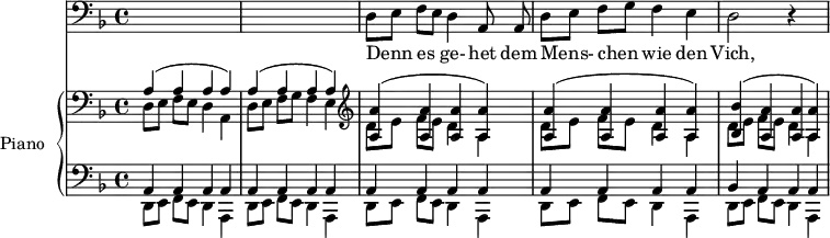 
\version "2.14.2"
\header {
  tagline = ##f
}
%%%% Schubert, Winterreise no. 5 Der lindenbaum / début

%%%%%% VOIX %%%%%
melody = \relative c {
  \clef bass
  \key d \minor
  \time 4/4
  \tempo 4 = 60
  \override TupletBracket #'bracket-visibility = ##f

   s1 s1 d8[ e] f[ e] d4 a8 a d8[ e] f[ g] f4 e d2 r4 s4

}

text = \lyricmode {
  Denn es ge- het dem Mens- chen wie den Vich,
}

%%%%%% PIANO %%%%%
upper = \relative c' {
  \clef treble
  \key d \minor
  \time 4/4
  \override TupletBracket #'bracket-visibility = ##f
 
  \clef bass
  << { \repeat unfold 2 { a4( a a a) } } \\ { d,8[ e] f[ e] d4 a d8[ e] f[ g] f4 e } >>
  \clef treble
  << { \repeat unfold 2 { < a' a, >4( < a a, > < a a, > < a a, >) } } \\ { \repeat unfold 2 { d,8[ e] f[ e] d4 a } } >>
  << { < bes' bes, >4( < a a, > < a a, > < a a, >) } \\ { d,8[ e] f[ e] d4 a } >>
}

lower = \relative c {
  \clef bass
  \key d \minor
  \time 4/4

  << { \repeat unfold 16 { a4 } } \\ { \repeat unfold 4 { d,8[ e] f[ e] d4 a } } >>
  << { bes'4 a a a } \\ { d,8[ e] f[ e] d4 a } >>

}

\score {
  <<
    \new Voice = "mel" { \autoBeamOff \melody }
    \new Lyrics \lyricsto mel \text
    \new PianoStaff <<
    \set PianoStaff.instrumentName = #"Piano"
      \new Staff = "upper" \upper
      \new Staff = "lower" \lower
    >>
  >>
  \layout {
    \context { \Staff \RemoveEmptyStaves }
     \context { \Score \remove "Metronome_mark_engraver" }
  }
  \midi { }
}
