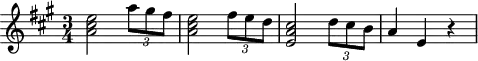 
\header {
  tagline = ##f
}

\score {
  \new Staff \with {

  }
<<
  \relative c'' {
    \key a \major
    \time 3/4
    \override TupletBracket #'bracket-visibility = ##f 
    %\autoBeamOff

     %%%%%%%%%%%%%%%%%%%%%%%%%% K15i
     < e cis a >2 \times 2/3 { a8 gis fis } < e cis a >2 \times 2/3 { fis8 e d } < cis a e >2 \times 2/3 { d8 cis b } a4 e r4

  }
>>
  \layout {
    \context {
      \remove "Metronome_mark_engraver"
    }
  }
  \midi {}
}
