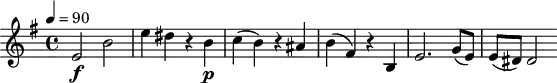 
 \version "2.18.2"
 \header {
  tagline = ##f
}
\score {
  \new Staff \with {

  }
<<
  \relative c'' {
    \key g \major
    \time 4/4
    \tempo 4 = 90
    \override TupletBracket #'bracket-visibility = ##f 
    \autoBeamOff

     %%%%%%%%%%%%%%%%%%%%%%%%%% Hob:16,44
     e,2\f b' e4 dis r4 b\p c( b) r4 ais b( fis) r4 b, e2. g8[( e)] e[( dis)] dis2
  }
>>
  \layout {
    \context {
      \remove "Metronome_mark_engraver"
    }
  }
  \midi {}
}
