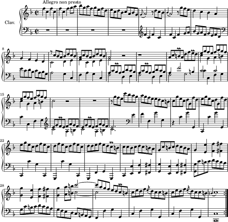 
\version "2.18.2"
\header {
  tagline = ##f
  % composer = "Domenico Scarlatti"
  % opus = "K. 505"
  % meter = "Allegro non presto"
}

%% les petites notes
trillBq     = { \tag #'print { b8\prall } \tag #'midi { \times 2/3 { b16 c b } } }
trillEq     = { \tag #'print { e8\prall } \tag #'midi { \times 2/3 { e16 f e } } }
trillCq     = { \tag #'print { c8\prall } \tag #'midi { \times 2/3 { c16 d c } } }
trillBesq   = { \tag #'print { bes8\prall } \tag #'midi { \times 2/3 { bes16 c bes } } }
trillFq     = { \tag #'print { f8\prall } \tag #'midi { \times 2/3 { f16 g f } } }

appoGA      = { \tag #'print { \appoggiatura g8 a2 } \tag #'midi { g8 a4. } }
appoBesA    = { \tag #'print { \appoggiatura bes4 a2 } \tag #'midi { bes4 a4 } }
appoBC      = { \tag #'print { \appoggiatura b4 c1 } \tag #'midi { b2 c2 } }

upper = \relative c'' {
  \clef treble 
  \key f \major
  \time 2/2
  \tempo 2 = 82

   \repeat volta 2 {
      s8*0^\markup{Allegro non presto}
      \repeat unfold 3 { f4 c } f g8 a | bes g a f g e f d | e c d bes c a bes g |
      % ms. 5
      \appoGA r8 d8 c bes | \appoBesA r8 g'8 f e | d4 c bes a | g f e d |
      % ms. 9
      << { r8 c'8 bes a bes d c bes | a c bes a bes d c bes | a2 } 
       \\ { c,2 d4 e | f c d e | f2 } >> r2 | r1 | a8 c \trillBq a8 d f \trillEq d |
      % ms. 14
      << { \repeat unfold 2 { e8 g f e  f a g f } } \\ { c4 g a b | c g a b | c2 } >> r2 | R1 | 
      % ms. 18
      r8 g'8 f e c' bes a g | a g f e e d c b | c \repeat unfold 2 { g'8 e c d g, f' d |
      % ms. 22
      e8 } g8 e c \repeat unfold 3 { d8 f e c } | d8 d e f e d \trillCq b8 | c c bes c d c b a |
      % ms. 26
      g8 c b c d c b a | g4 \repeat unfold 2 { < e e' > < f f' > < fis fis' > | < g g' > } < a a' >8 < b b' >
      % ms. 29 suite
      << { c'2~ | c8 a g f e d \trillCq b8 } \\ { c2~ | c } >> | \repeat unfold 2 { c8 e d f \acciaccatura e8 d8 c c b } | \appoBC  }%repet

}

lower = \relative c' {
  \clef bass
  \key f \major
  \time 2/2

  \repeat volta 2 {
    % ************************************** \appoggiatura a16  \repeat unfold 2 {  } \times 2/3 { }   \omit TupletNumber 
      R1*4 |   \clef treble \repeat unfold 3 { f4 c } | f g8 a | bes g a f g e f d   \clef bass | e c d bes c a bes g | a2 g4 c, |
      % ms. 10
      f4 a g c, | \repeat unfold 2 { << { a'8 c \trillBesq a8 bes d c bes } \\ { f2 d4 e } >> } |
      % ms. 13
      << { a4 f'2 b,4 | c2 c } \\ { f,2 g | \repeat unfold 2 { c4 c, f g } } >> \clef treble |
      \repeat unfold 2 { << { e'8 g \trillFq e8 f a g f } \\ { c2 a4 b } >> } |
      % ms. 18
      << { e2. } \\ { c2. } >> \clef bass e4 | f f, g' g, | r4 c4 g' g,, | c, c'' g' g,, |
      % ms. 22
      c,4 c'' g c,, g | c'' g c,, | g f' g g, | c < e e' > < f f' > < fis fis' > |
      % ms. 26
      < g g' >4 < e e' > < f f' > < fis fis' > | < g g' >8 \repeat unfold 2 { c'8 b c d c b a | g } f e d c b  a g |
      % ms. 30
      f4 \repeat unfold 2 { f'4 g g, | c } f g   \tempo 2 = 62 g, | \tempo 2 = 50 < c, c' >1   \tempo 2 = 82 }%repet

}

thePianoStaff = \new PianoStaff <<
    \set PianoStaff.instrumentName = #"Clav."
    \new Staff = "upper" \upper
    \new Staff = "lower" \lower
  >>

\score {
  \keepWithTag #'print \thePianoStaff
  \layout {
      #(layout-set-staff-size 17)
    \context {
      \Score
     \override TupletBracket.bracket-visibility = ##f
     \override SpacingSpanner.common-shortest-duration = #(ly:make-moment 1/2)
      \remove "Metronome_mark_engraver"
    }
  }
}

\score {
  \unfoldRepeats
  \keepWithTag #'midi \thePianoStaff
  \midi { \set Staff.midiInstrument = #"harpsichord" }
}
