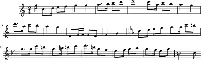\version "2.18.2"
\header {
tagline = ##f
}
\score {
\new Staff \with {
}
<<
\relative c'' {
\key c \major
\time 2/4
\override TupletBracket #'bracket-visibility = ##f
%\autoBeamOff
%%% Pep Ventura, Per tú ploro (Sardane)
\partial 16
g'16 | c,8. d16 e8 f g4 g a8. b16 c8 d e2 | \repeat unfold 2 { d8. a16 c8 b a4 g }
d,8 e16 f e8 d e4 g |
\key ees \major
c8. d16 ees8 f \repeat unfold 2 { g8. g16 c8 b } g8. a16 b8 c | d8. b16 g8 f ees8. f16 g8 aes g8. f16 ees8 g b,2 | c8
}
>>
\layout {
\context { \Score \remove "Metronome_mark_engraver" }
}
\midi { \tempo 4 = 120 }
}