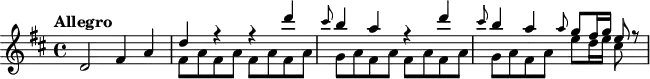 
\header {
  tagline = ##f
}

\score {
  \new Staff \with {

  }
<<
  \relative c' {
    \key d \major
    \time 4/4
    \override TupletBracket #'bracket-visibility = ##f 
    \autoBeamOff

     %%%%%%%%%%% K 81/73l
     \tempo "Allegro"   d2 fis4 a |
  << { d4 r r d' | } \\ { \repeat unfold 2 { fis,,8[ a fis a] } } >>
  << { \grace cis'8 b4 a r d | } \\ { g,,8[ a fis a] fis8[ a fis a] } >>
  << { \grace cis'8 b4 a \grace a8 g[ fis16 g] e8 r8 | } \\ { g,8[ a fis a] e'8[ d16 e] cis8 s8 } >>

  }
>>
  \layout {
    \context {
      \remove "Metronome_mark_engraver"
    }
  }
  \midi {}
}
