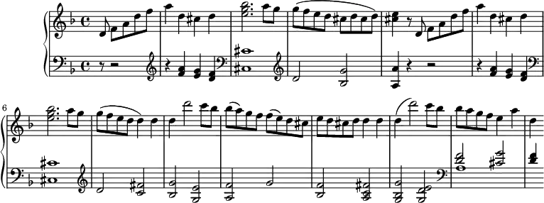 
\version "2.18.2"
\header {
  tagline = ##f
}
Theme = { d8 f a d f a4 d, cis d < bes' g e >2. a8 g g( f e d }

upper = \relative c' {
  \clef treble 
  \key d \minor
  \time 4/4
  \tempo 2 = 140

   %%Mozart — Concerto 20 mvt 3, th. 1 
   \partial 8*5 \Theme cis d cis d) < e cis >4 r8 \relative c' \Theme d4) d d d'2 c8 bes bes( a) g f f( e) d cis e d cis d d4 d d( d'2) c8 bes bes( a g f e4 a d,

}

lower = \relative c {
  \clef bass
  \key d \minor
  \time 4/4

   r8 r2 \clef treble r4 < a'' f >4 < g e > < f d >   \clef bass < cis cis,>1 \clef treble d2 < g bes, > < a a, >4 r4 r2 r4 < a f >4 < g e > < f d >
  \clef bass < cis cis,>1 \clef treble d2 < fis c >2 < g bes, > < e g, > < f a, > g2 < f bes, > < fis c a > < g bes, g > < e d g, >
  \clef bass << { < f d >2 < g cis, > < f d >4 } \\ { a,1 } >>
}

\score {
  \new PianoStaff <<
    \new Staff = "upper" \upper
    \new Staff = "lower" \lower
  >>
  \layout {
    \context {
      \Score
      \remove "Metronome_mark_engraver"
    }
  }
  \midi { }
}
